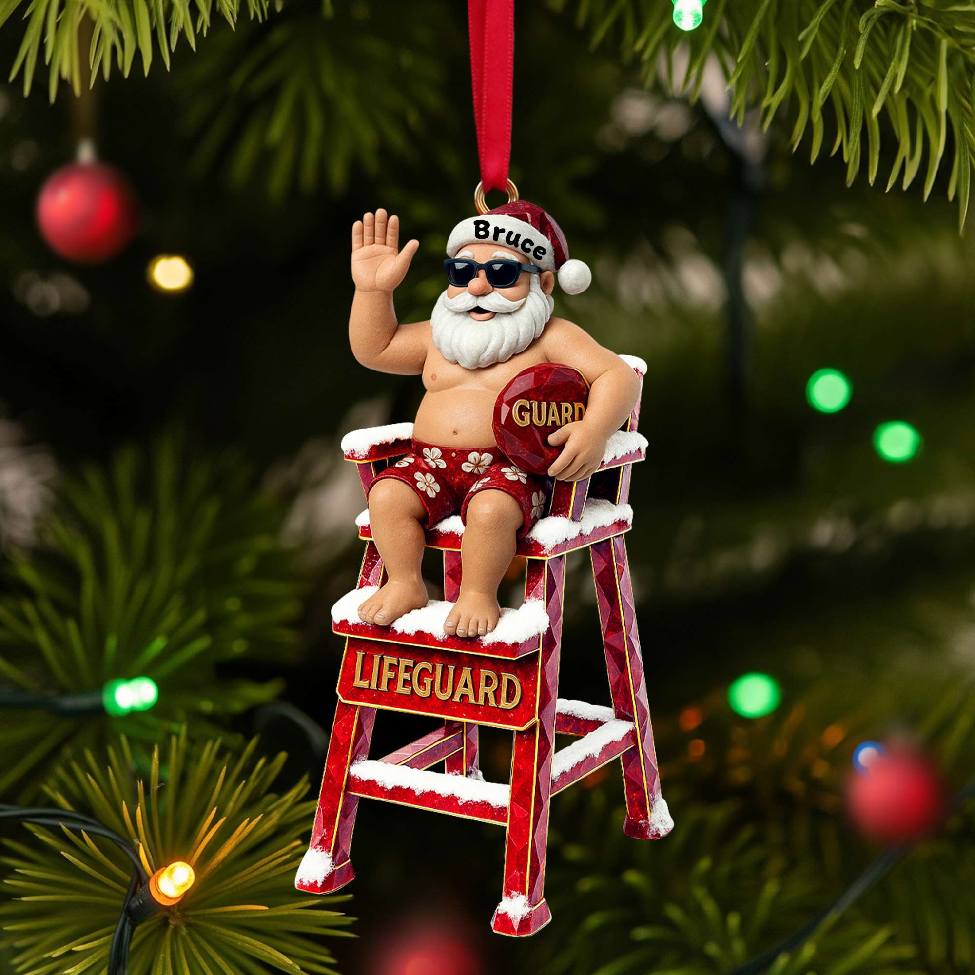 Ho Ho Ho! Celebrate Christmas with a Fun Beach Lifeguard Santa Ornament - Personalized Gift for Lifeguards and Beach Lovers Ornament PopCulturePrints