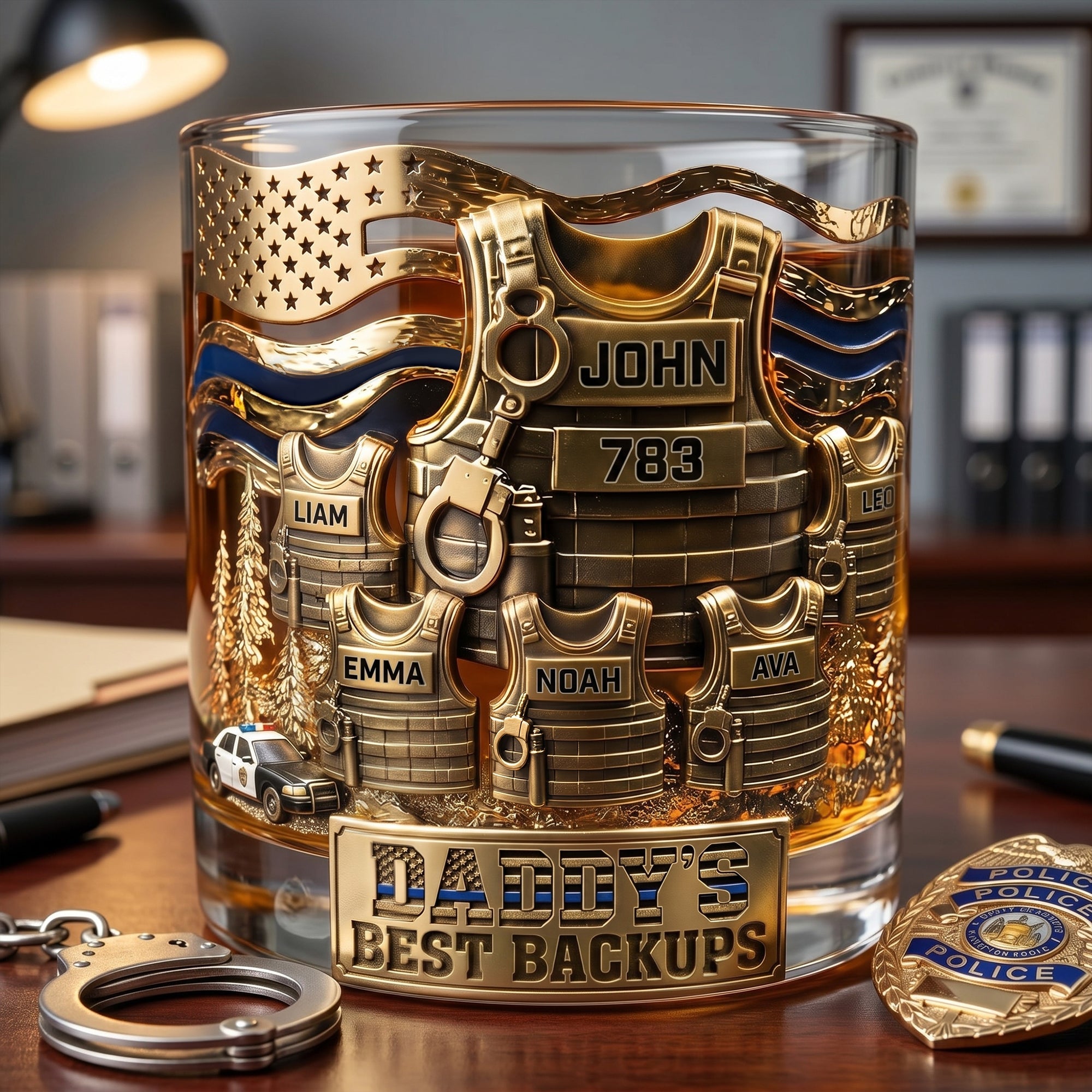 “Daddy’s Best Backups!” - Legendary Police Dad Round Glass - Personalized Gift for Police Officer, Sheriff, Captain & More Glass PopCulturePrints