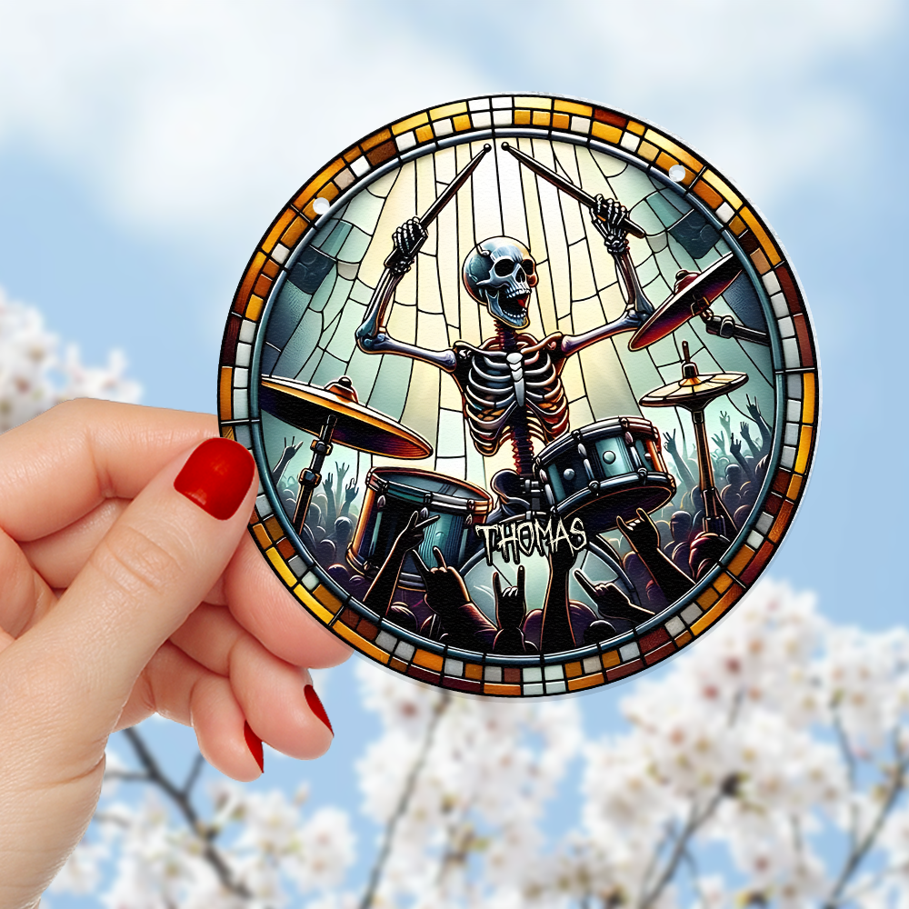 Personalized Suncatcher Ornament for Drum Lovers - Skeleton Drummer Design