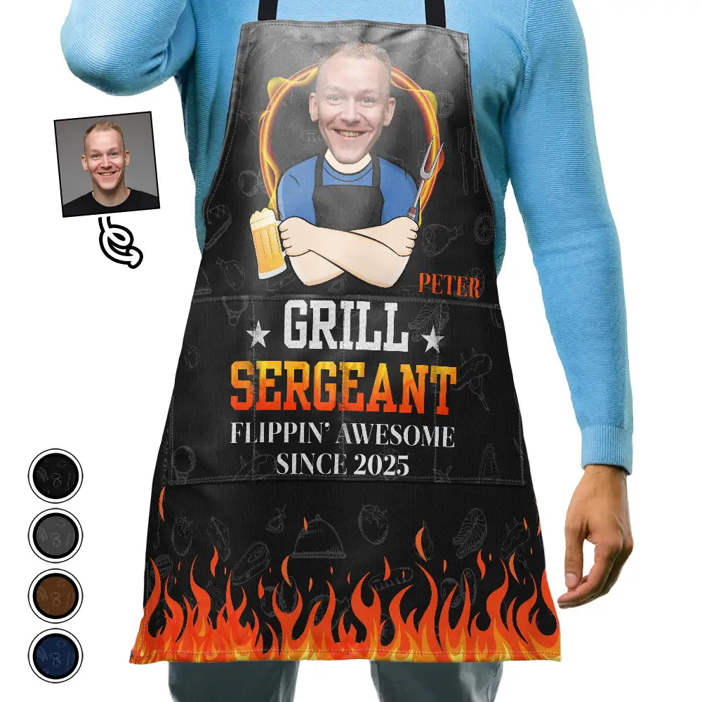 “Grill Sergeant, Flippin' Awesome!” - Personalized Cooking Apron - Perfect Gift for Dad, Grandpa & Cooking Enthusiasts Apron PopCulturePrints