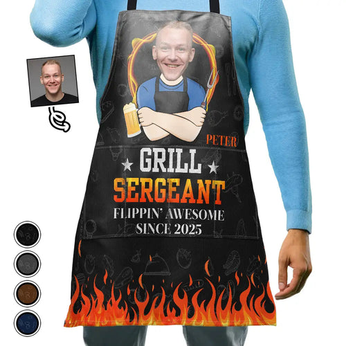 “Grill Sergeant, Flippin' Awesome!” - Personalized Cooking Apron - Perfect Gift for Dad, Grandpa & Cooking Enthusiasts Apron PopCulturePrints