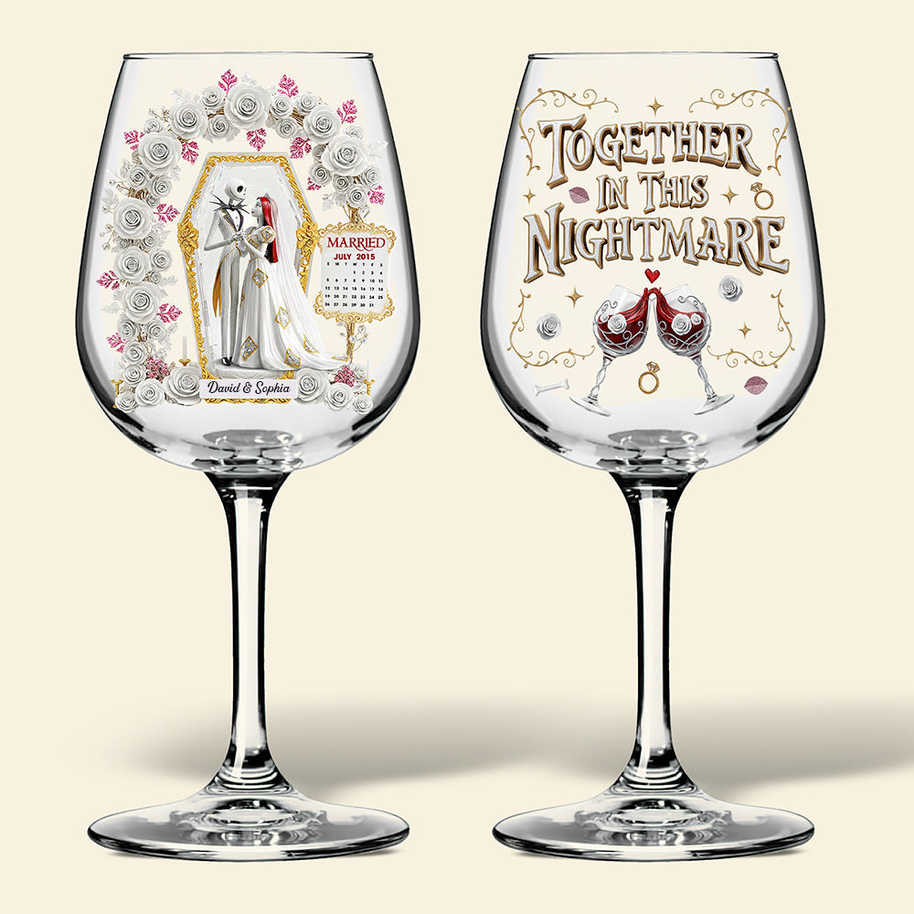 Together in This Nightmare - Gothic Wedding Wine Glass - Personalized Gifts for Couples Wine Glass PopCulturePrints