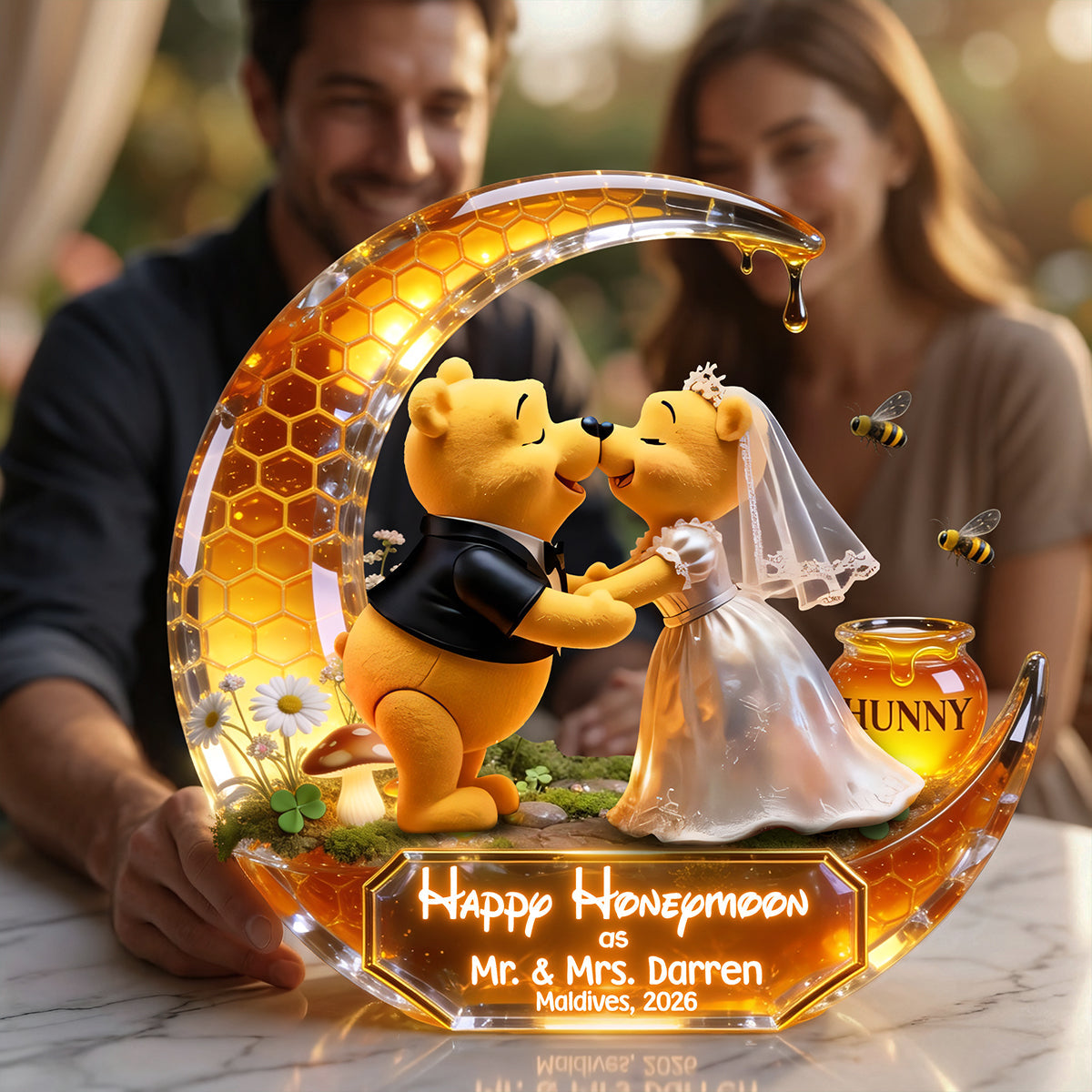 Happy Honeymoon: Cute Soft Honey Moon Couple Plaque - Personalized Gift for Newlyweds