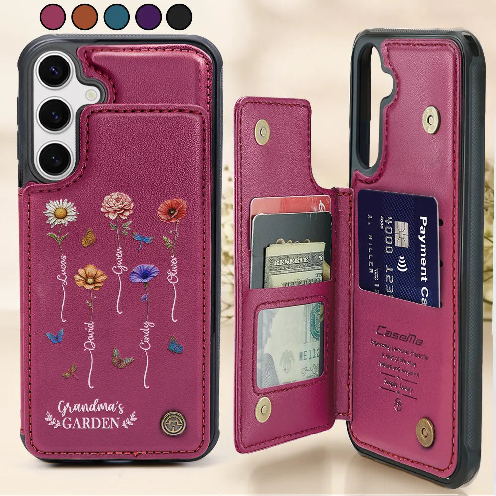 “Flowers and Family, Forever Loved” - Personalized Leather Flip Wallet Phone Case - Gift for Grandma, Mom & Loved Ones Leather Flip Wallet Phone Case PopCulturePrints