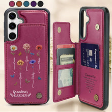 Load image into Gallery viewer, “Flowers and Family, Forever Loved” - Personalized Leather Flip Wallet Phone Case - Gift for Grandma, Mom &amp; Loved Ones Leather Flip Wallet Phone Case PopCulturePrints
