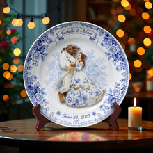 Load image into Gallery viewer, “A Fairytale Love Awaits” - Fairytale Love Story Round Plate - Personalized Gift for Couples Ceramic Round Plate PopCulturePrints
