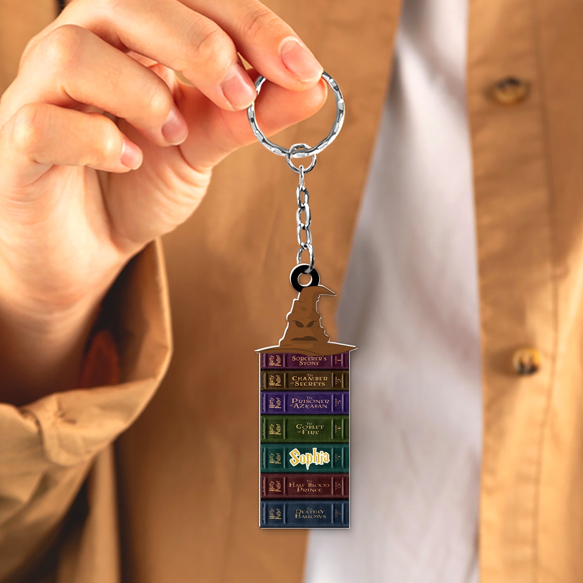 Personalized Harry Potter Book Stack Keychain with Sorting Hat