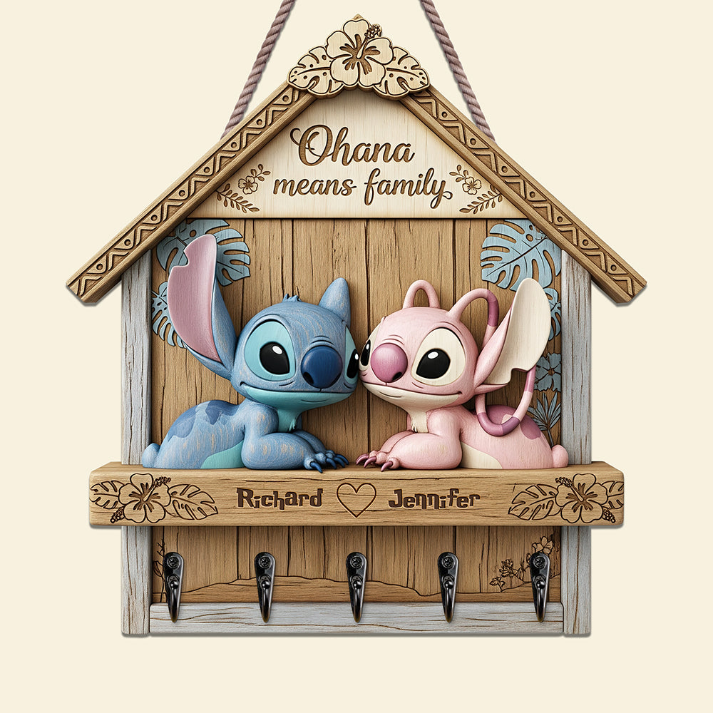 Ohana Means Family - Personalized Cartoon Couple Wood Key Hanger Wood Sign PopCulturePrints