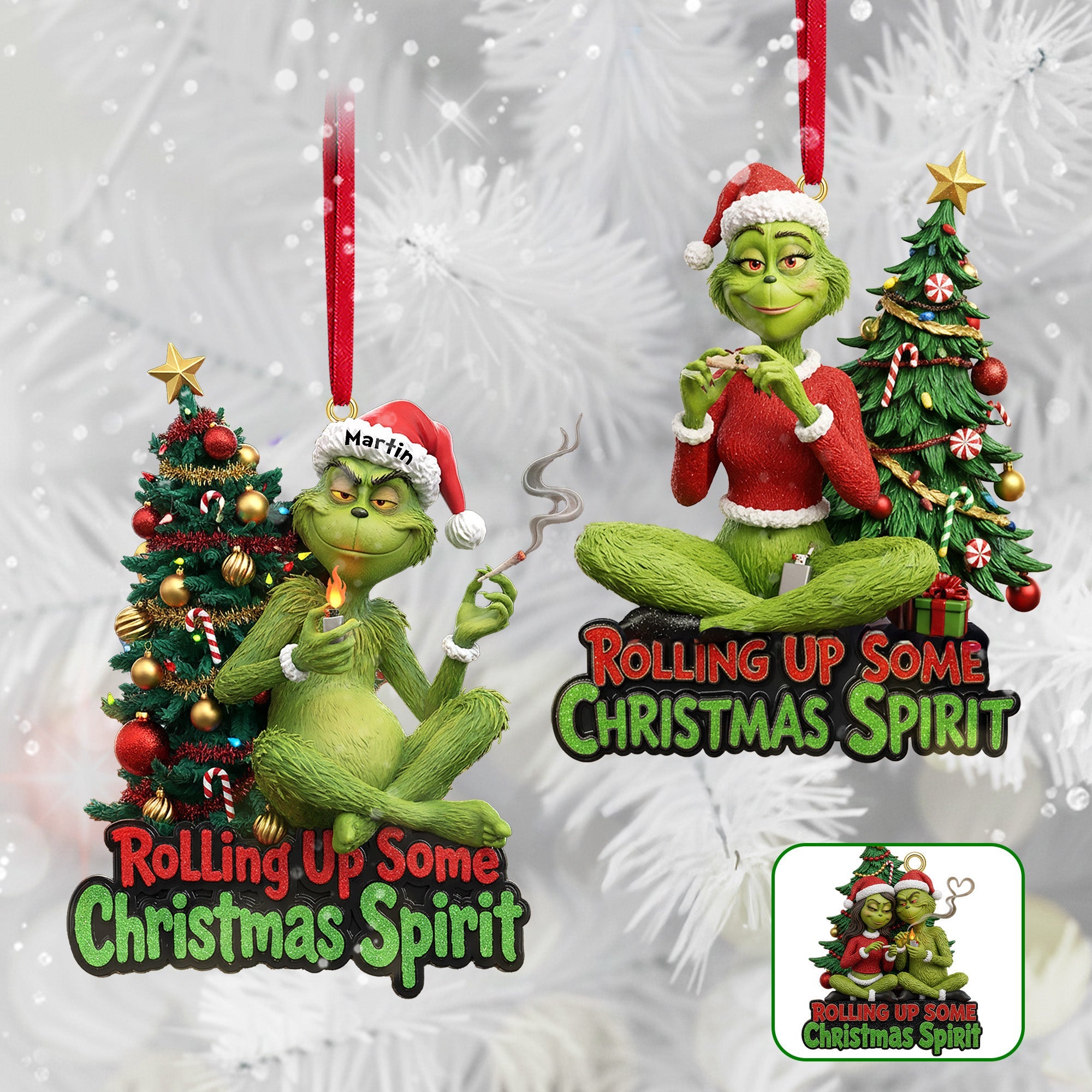 "Rolling Up Some Christmas Spirit" - Personalized Green Monster Smoker Couple Christmas Ornament - Custom Gift for Couples, Friends, and Family Ornament PopCulturePrints
