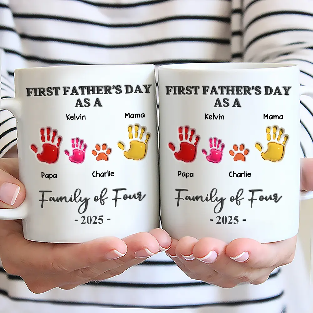 Celebrate Your Family: First Father's Day As A Family Of Four Handprints - 3D Inflated Effect Printed Mug Mug PopCulturePrints