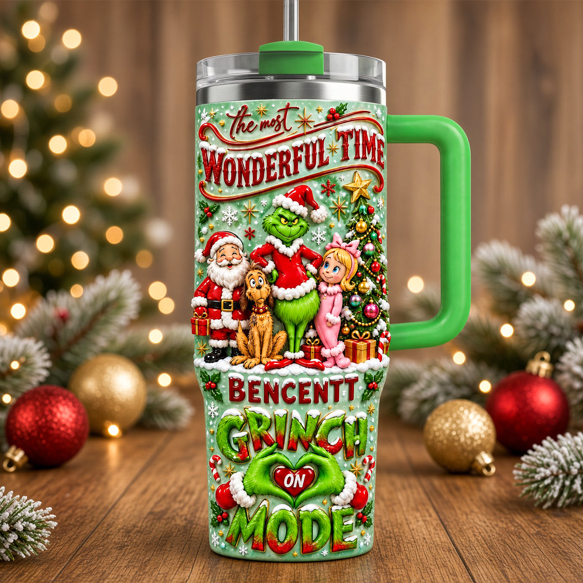 The Most Wonderful Time: Personalized Grinch Holiday Spirit Tumbler - Perfect Christmas Gift for Friends and Family Tumbler Cup PopCulturePrints