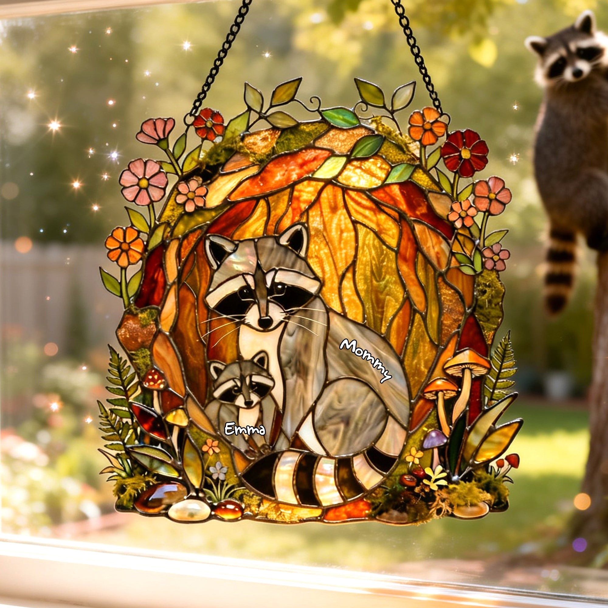 "Embrace the Beauty of Nature" - Raccoon Family Suncatcher Ornament - Personalized Gift for Mom, Grandma, and Loved Ones Ornament PopCulturePrints