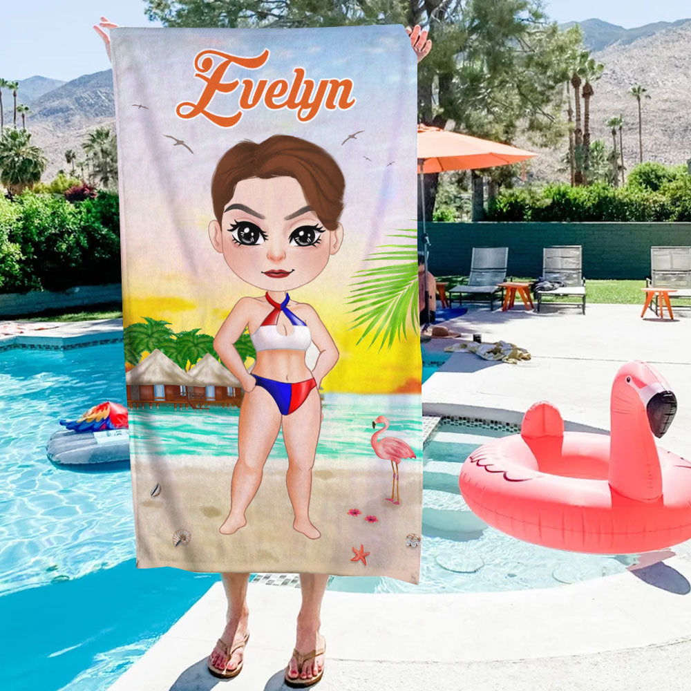 Personalized Summer Beach Girl Towel - Custom Cartoon Illustration Beach Towel PopCulturePrints