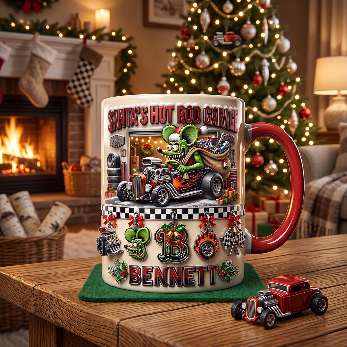 “Rev Up Your Spirit!” - Cute Alphabet Christmas Fun Rat Fink Accent Mug - Personalized Gift for Hot Rod Lovers