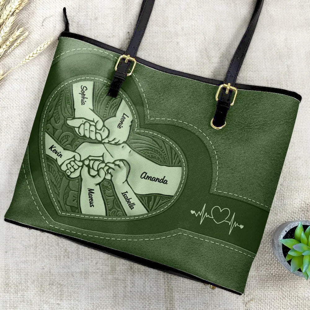 Holding Hands Icon - Personalized Leather Tote Bag for Mom & Grandma Leather Tote Bag PopCulturePrints
