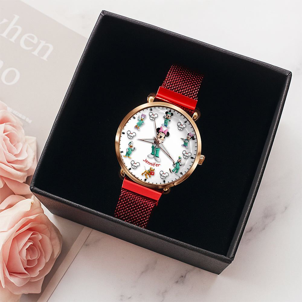 Nurse in Style: Personalized Cartoon Character Mesh Strap Quartz Watch - Custom Gift for Nurses, Healthcare Workers, and Loved Ones Quartz Watch PopCulturePrints