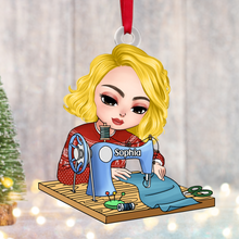 Load image into Gallery viewer, Personalized Sewing Lover Ornament - Sitting Girl with Sewing Machine Ornament PopCulturePrints
