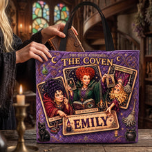 Load image into Gallery viewer, “The Deck Chooses” - Haunted Sisters Halloween Tote Bag - Personalized Gift for Witch Lovers
