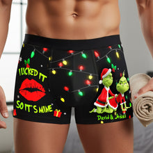 Load image into Gallery viewer, Christmas Cheer with a Grinchy Twist - Playful Green Couple Boxers | Personalized Gift for Him Boxer Briefs PopCulturePrints
