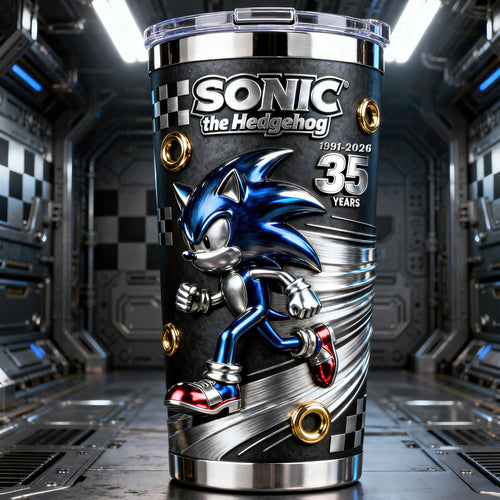 Speed through Memories: Sonic the Hedgehog 35th Anniversary Tumbler - Personalized Gift for Gamers & Fans Tumbler Cup PopCulturePrints