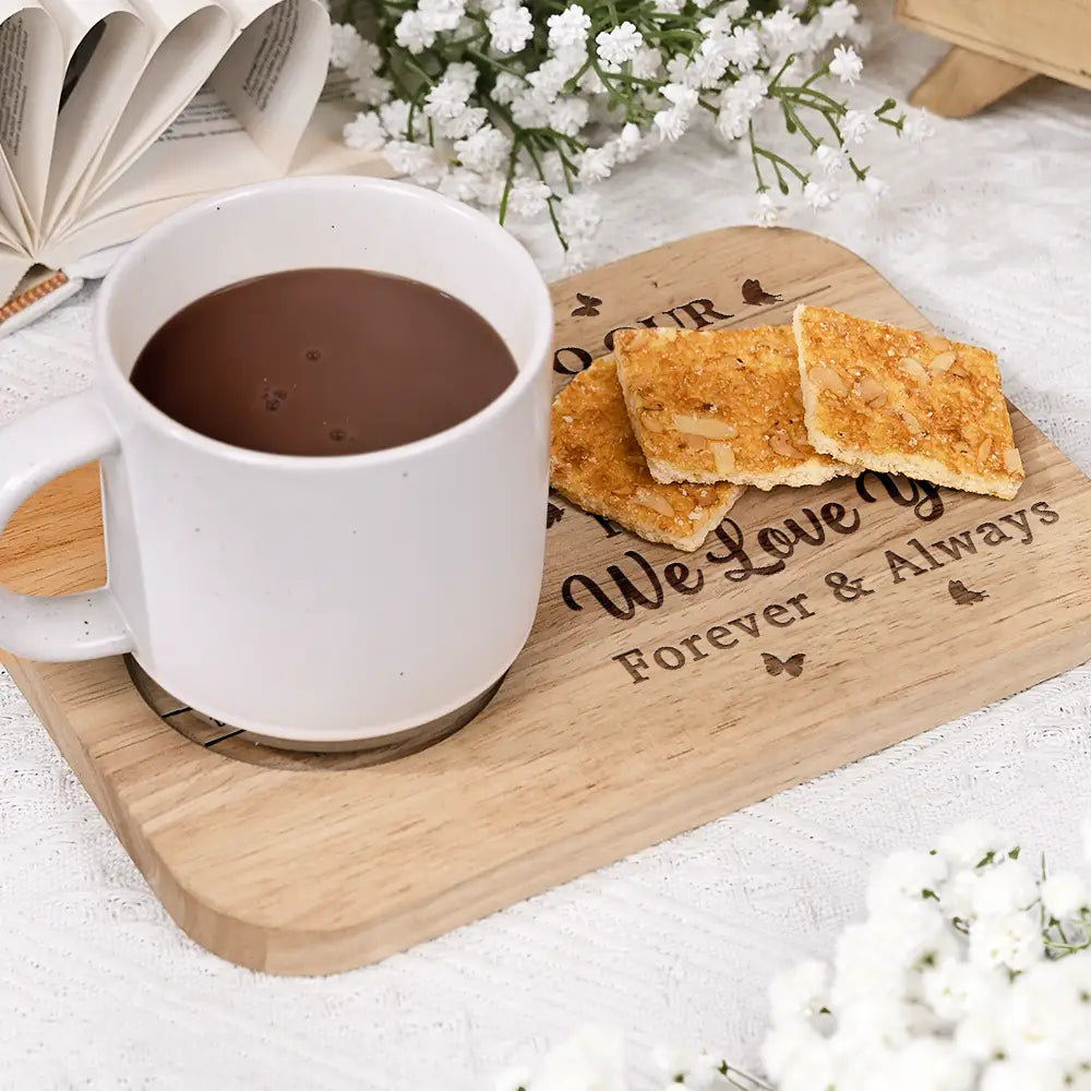 Never Forget That We Love You Forever And Always - Personalized Serving Board with Cup Holder, Gift for Grandma, Mom, and Loved Ones Serving Board With Cup Holder PopCulturePrints