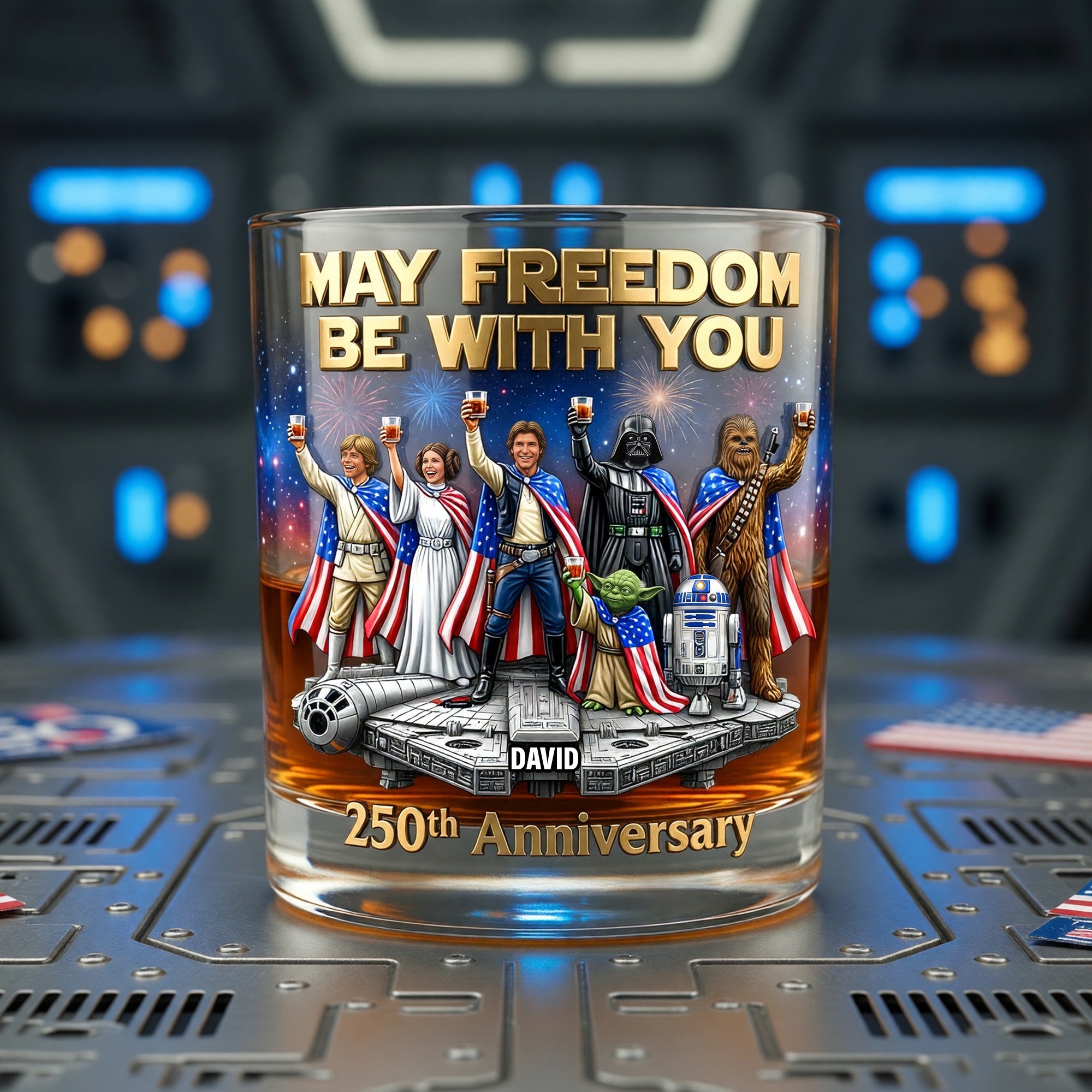 “May Freedom Be With You” - Personalized 250th Anniversary Drinking Glass for Patriots