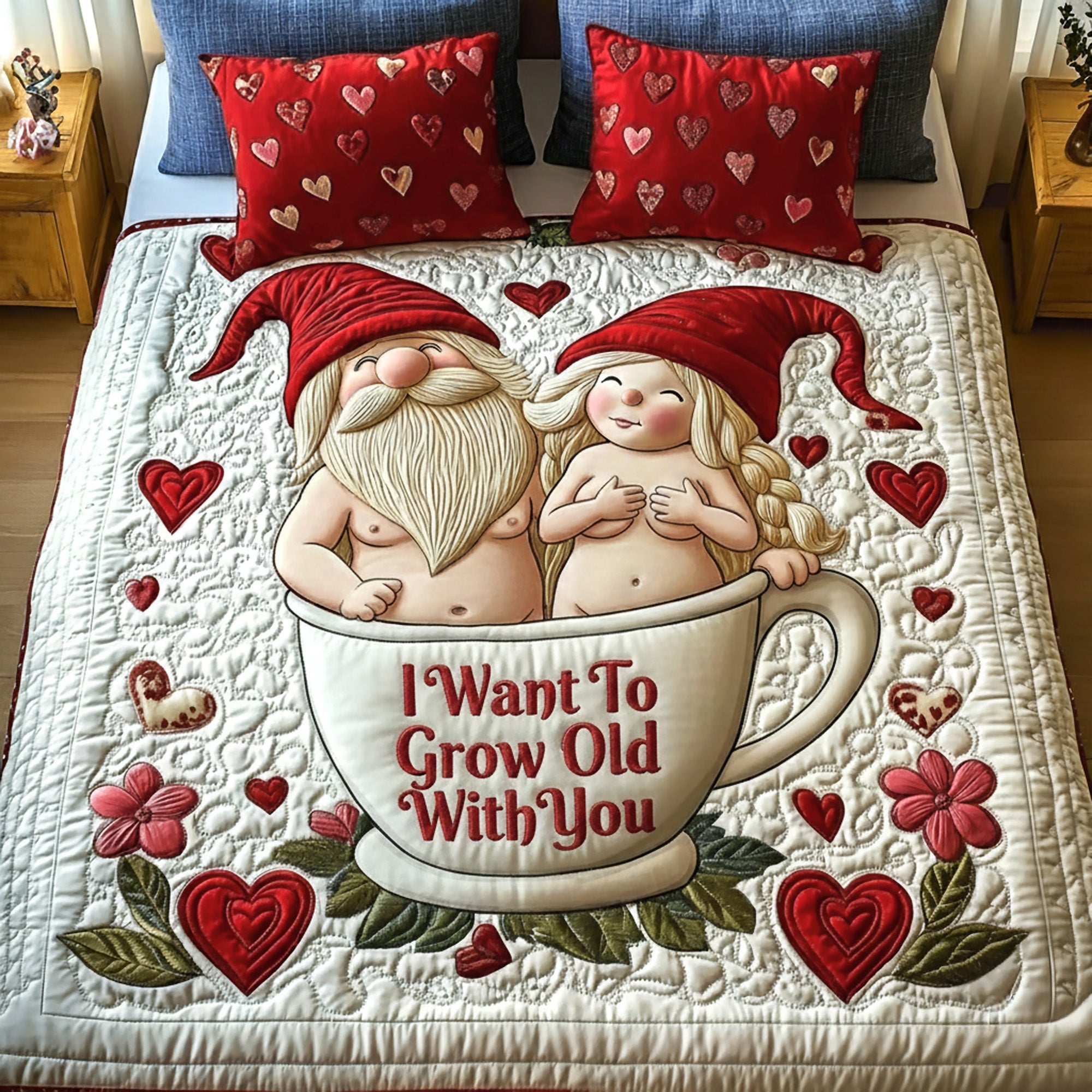 I Want To Grow Old With You - Personalized Gnome Old Couple Quilt Bed Set Bedding Set PopCulturePrints