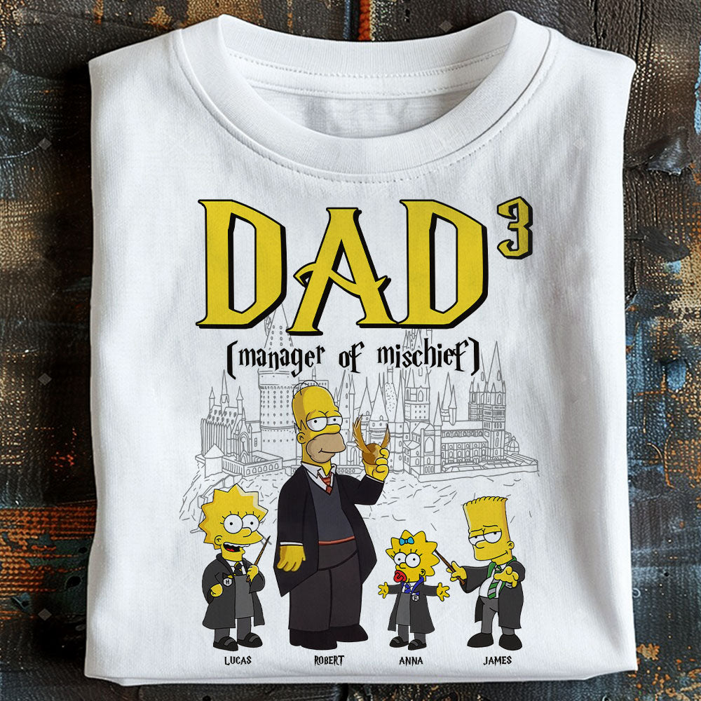 Personalized Dad T-Shirt: Manager of Mischief - Simpson Family Hogwarts Edition