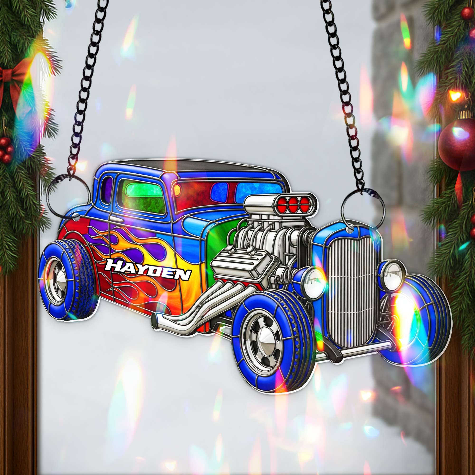 "Rev Up Your Holiday Spirit!" - Personalized Vibrant Muscle Car Suncatcher - Custom Gifts for Hot Rod Lovers Ornament PopCulturePrints