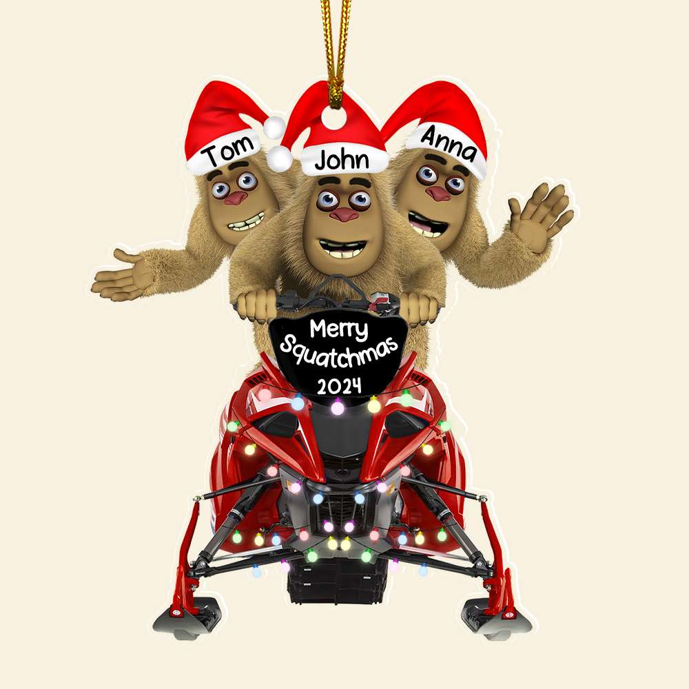 Personalized Merry Squatchmas Snowmobile Rider Christmas Ornament