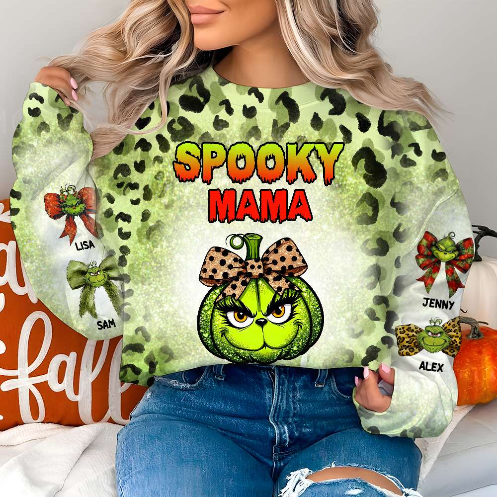 Personalized Halloween Leopard Pumpkin Sweatshirt for Mama - Spooky Green Design