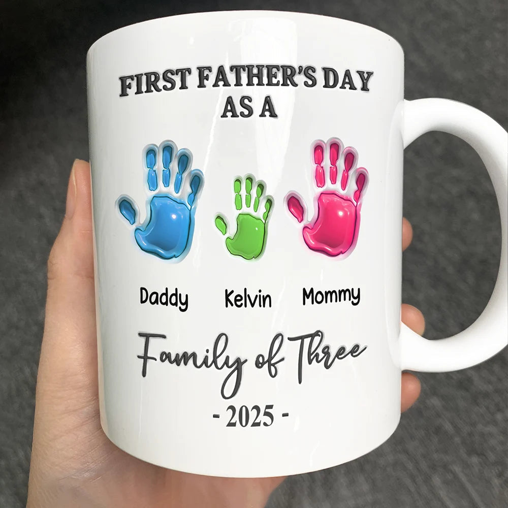 Celebrate Your Family: First Father's Day As A Family Of Four Handprints - 3D Inflated Effect Printed Mug Mug PopCulturePrints