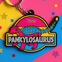 Load image into Gallery viewer, “Let Your Pride Roar!” - Colorful Dinosaur Keychain - Personalized Gift for LGBTQ+ Friends, Family and Allies Keychains PopCulturePrints
