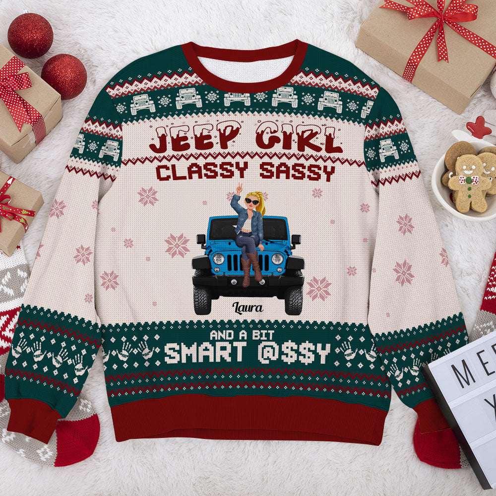 Personalized Jeep Girl Christmas Sweater - Classy, Sassy & Smart