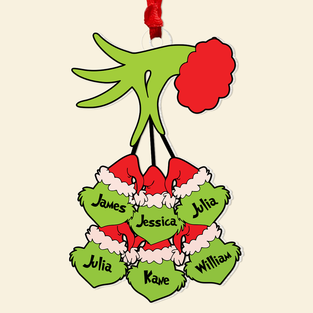 Personalized Christmas Ornament with Family Names - Grinch Hand Design