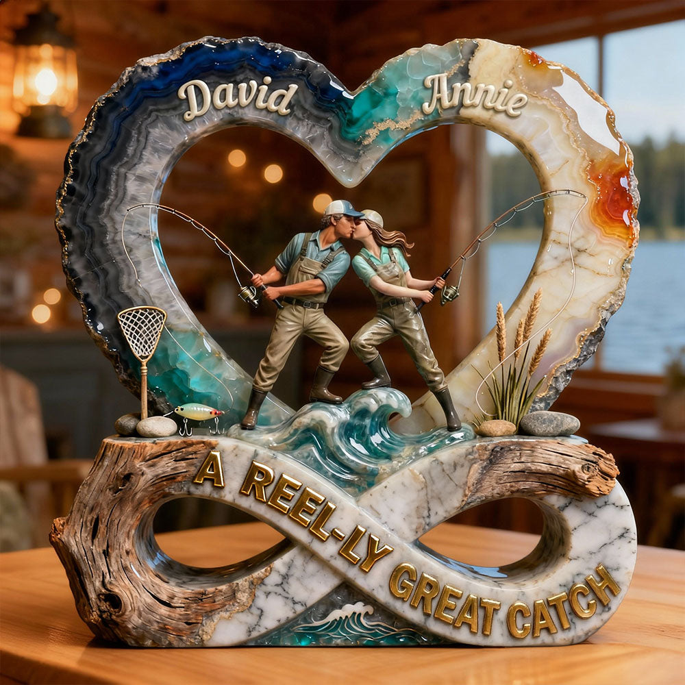 "Hooked on Love: A Reel-Ly Great Catch" - Personalized Fishing Couple Acrylic Plaque Shaped Plaques PopCulturePrints