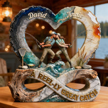 Load image into Gallery viewer, "Hooked on Love: A Reel-Ly Great Catch" - Personalized Fishing Couple Acrylic Plaque Shaped Plaques PopCulturePrints
