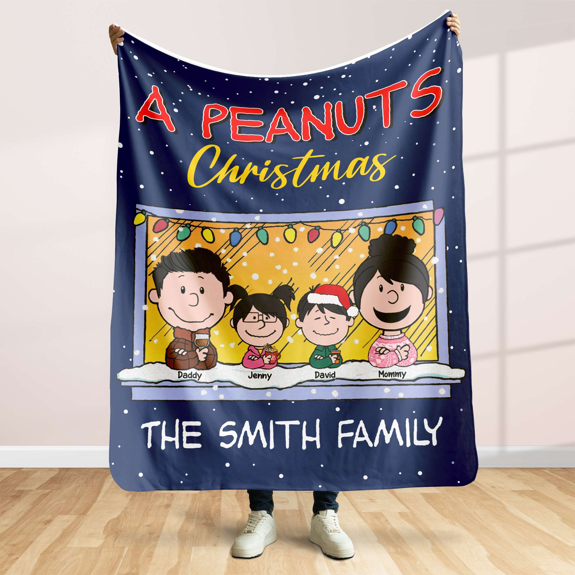 Custom Family Cartoon Christmas Blanket - Peanuts Style