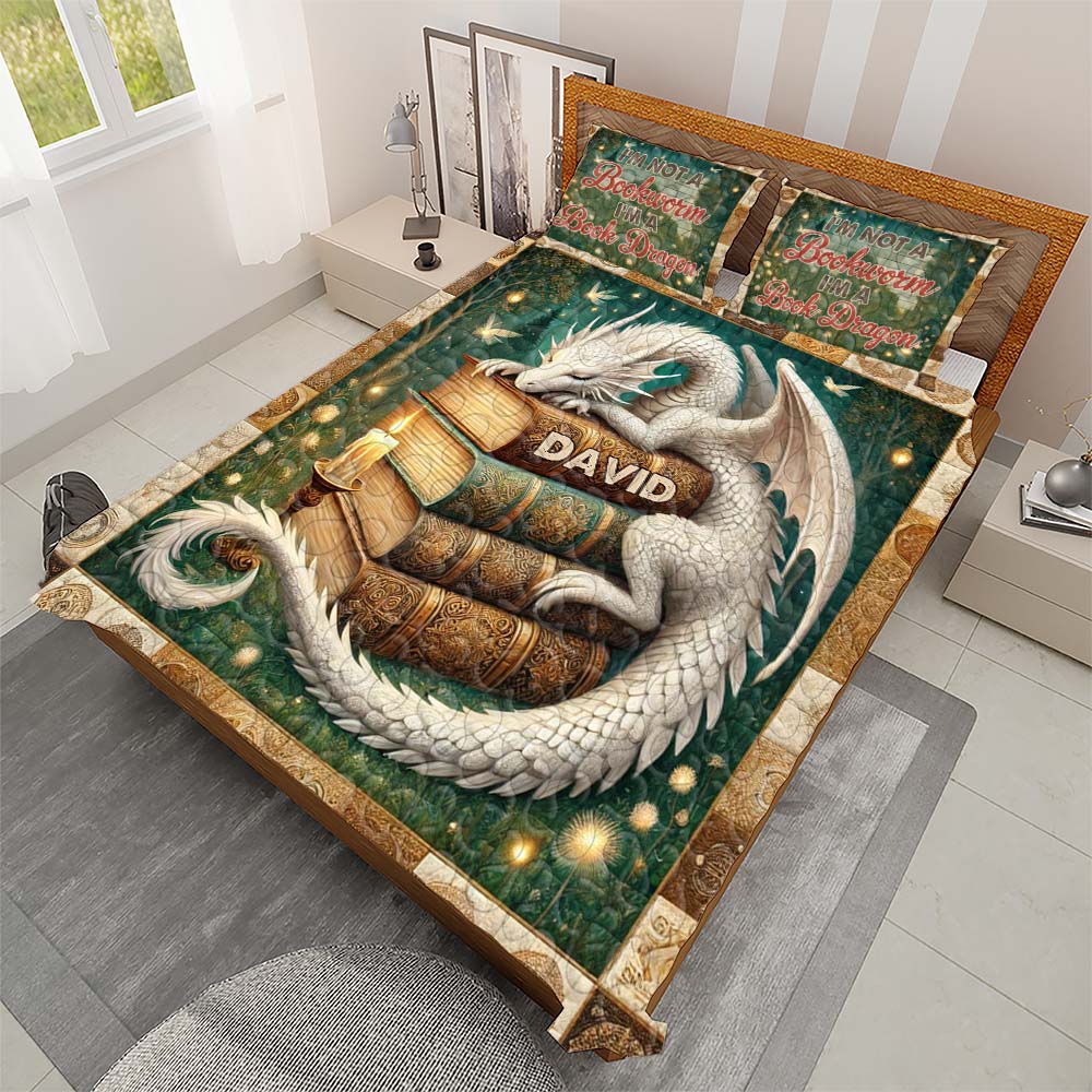 Personalized Dragon Quilt Bedding Set for Book Lovers - 'I'm Not A Bookworm, I'm A Book Dragon' Blanket PopCulturePrints