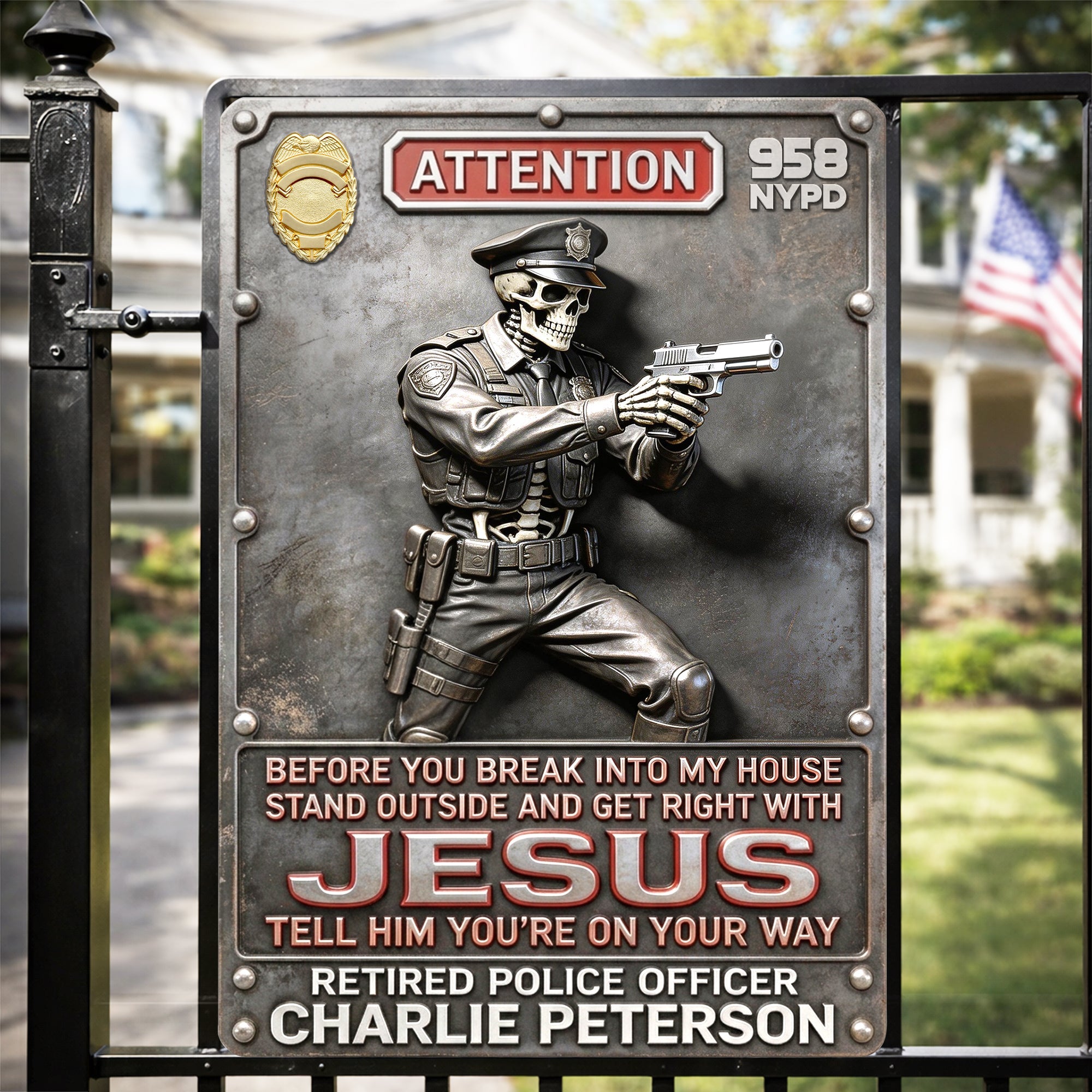 "Before You Break Into My House, Stand Outside and Get Right with Jesus" - Personalized Police Warning Metal Sign - Custom Gift for Police Officers Metal Signs PopCulturePrints