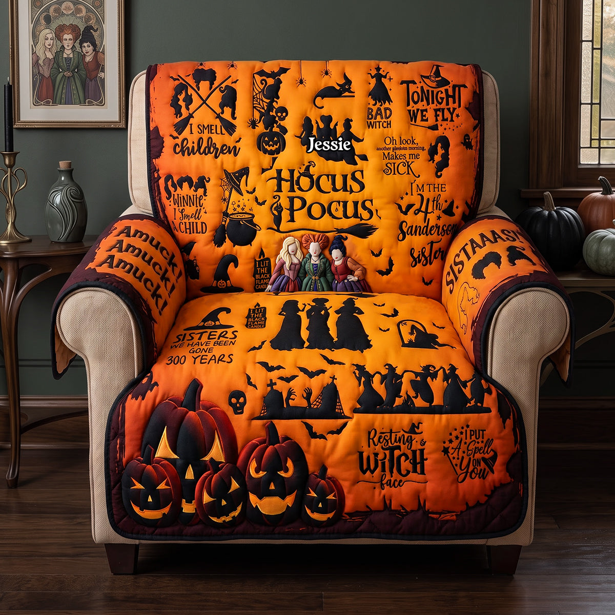 "Wickedly Fun for the Haunted Season" - Personalized Fun Bad Witches Quilted Sofa Cover - Gift for Halloween Lovers, Fans, Family