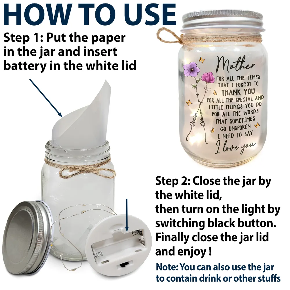 Mom, For All The Times That I Forgot To Thank You - Personalized Mason Jar Light - Gift for Mom, Grandma, and Special Loved Ones Mason Jar Light PopCulturePrints