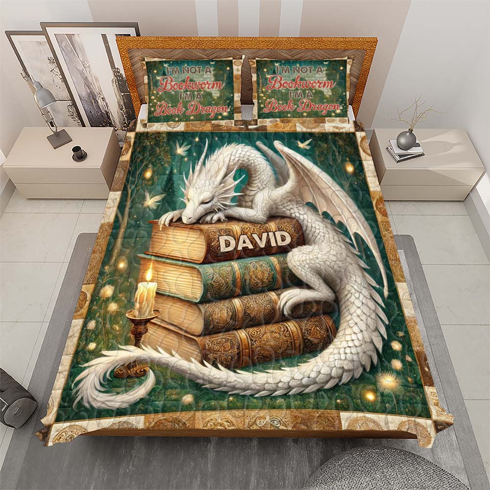 Personalized Dragon Quilt Bedding Set for Book Lovers - 'I'm Not A Bookworm, I'm A Book Dragon' Blanket PopCulturePrints