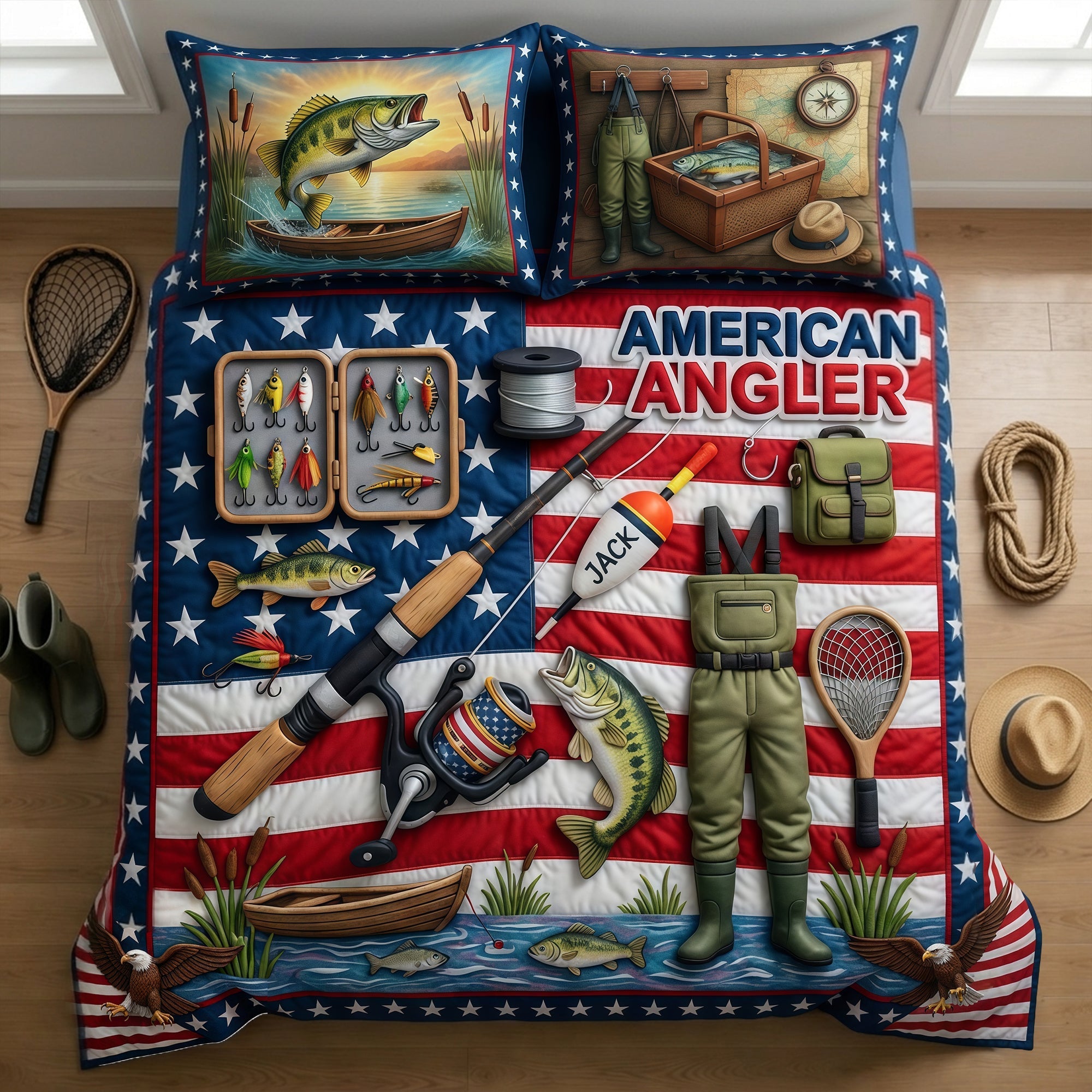 "Catch the Joy of Fishing!" - USA Fishing Quilt Bedding Set - Personalized Gifts for Fishing Lovers Blanket PopCulturePrints