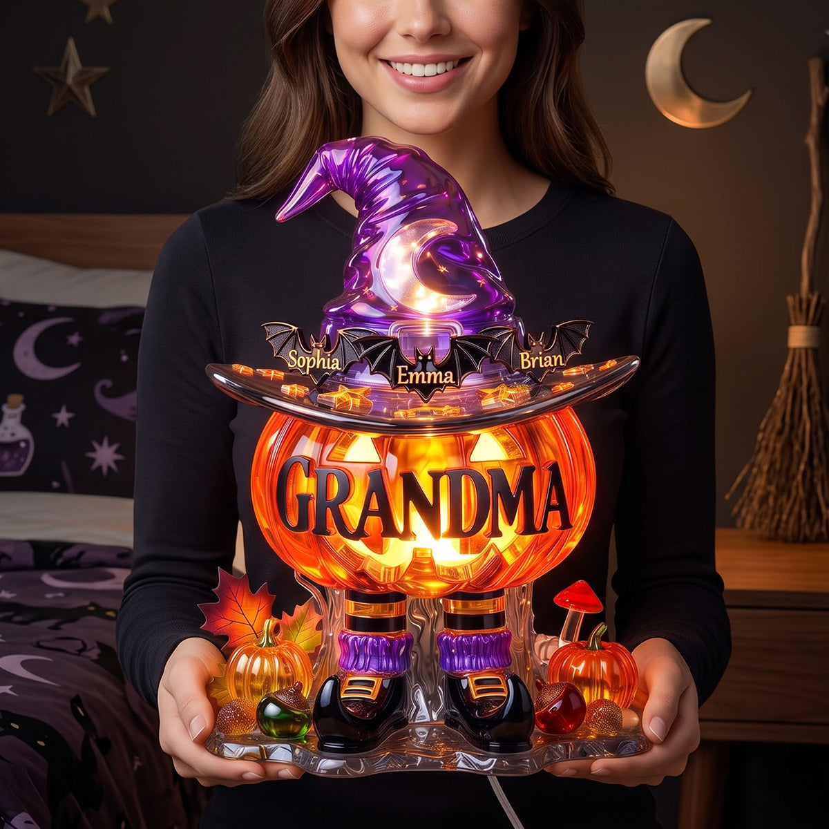Illuminate Your Halloween Spirit - Personalized Bat Kids Pumpkin Light Box - Custom Gifts for Grandma, Mama, and More!