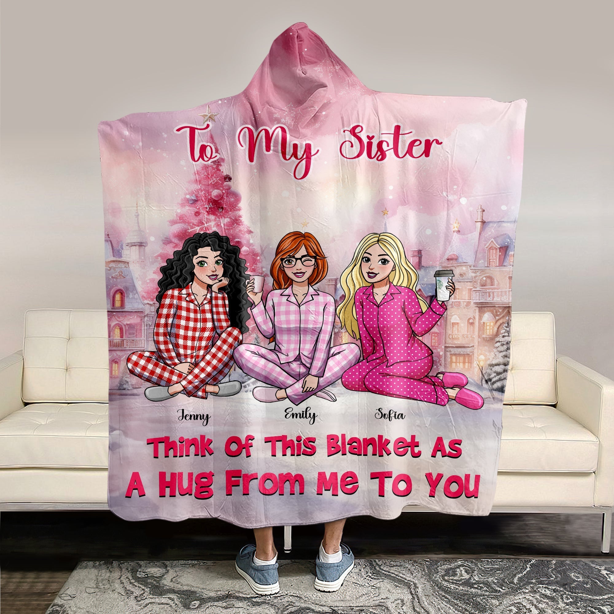 Cozy Personalized Christmas Blanket Hoodie for Sisters