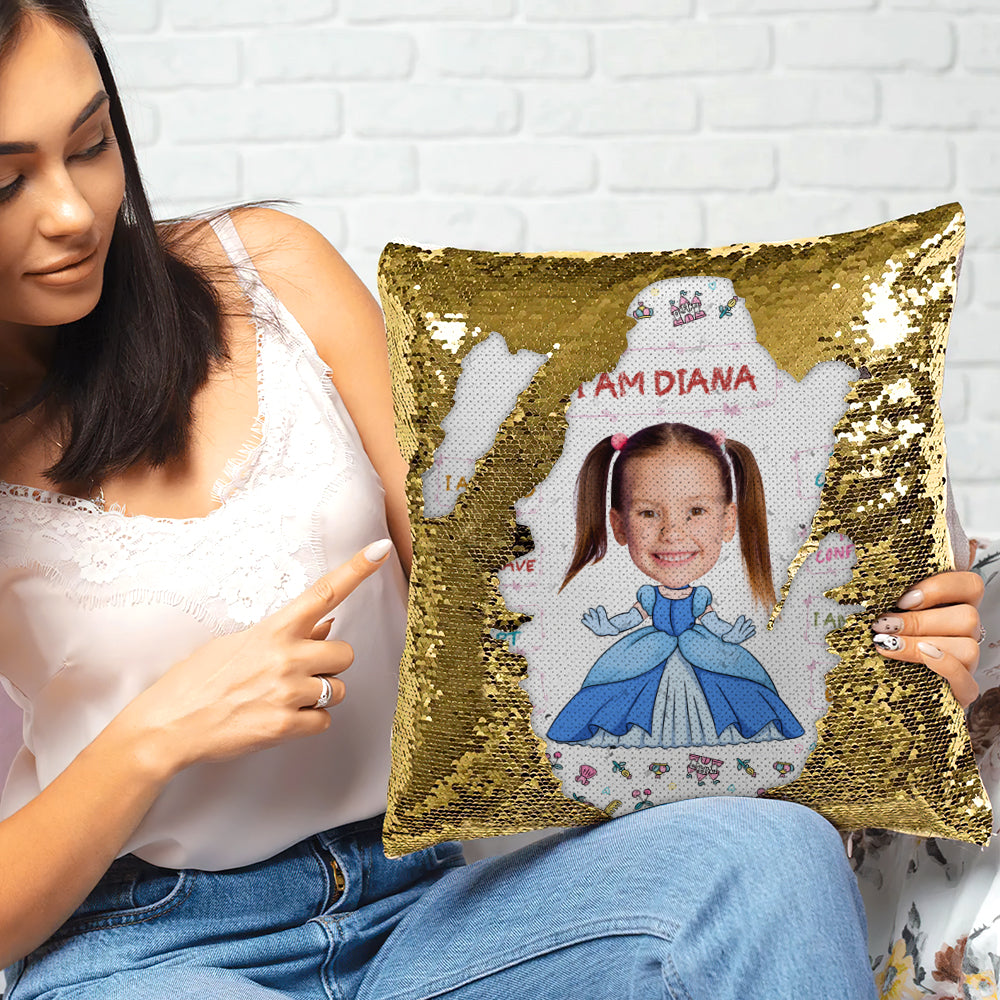 Personalized Princess Glitter Pillow - Custom Kid's Face Pillow PopCulturePrints