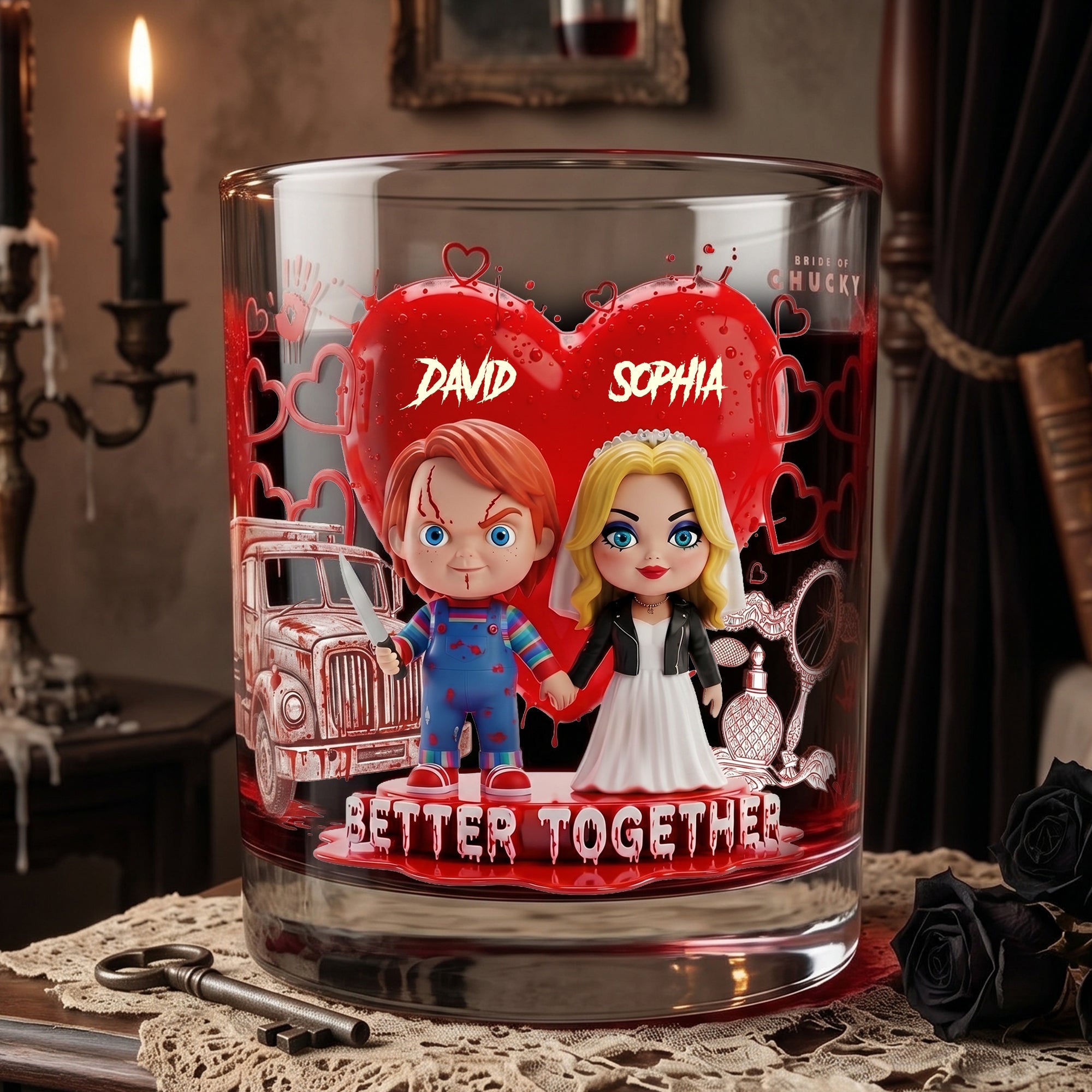 Better Together Whiskey Glass - Personalized Gift for Couples Who Adore Horror Glass PopCulturePrints