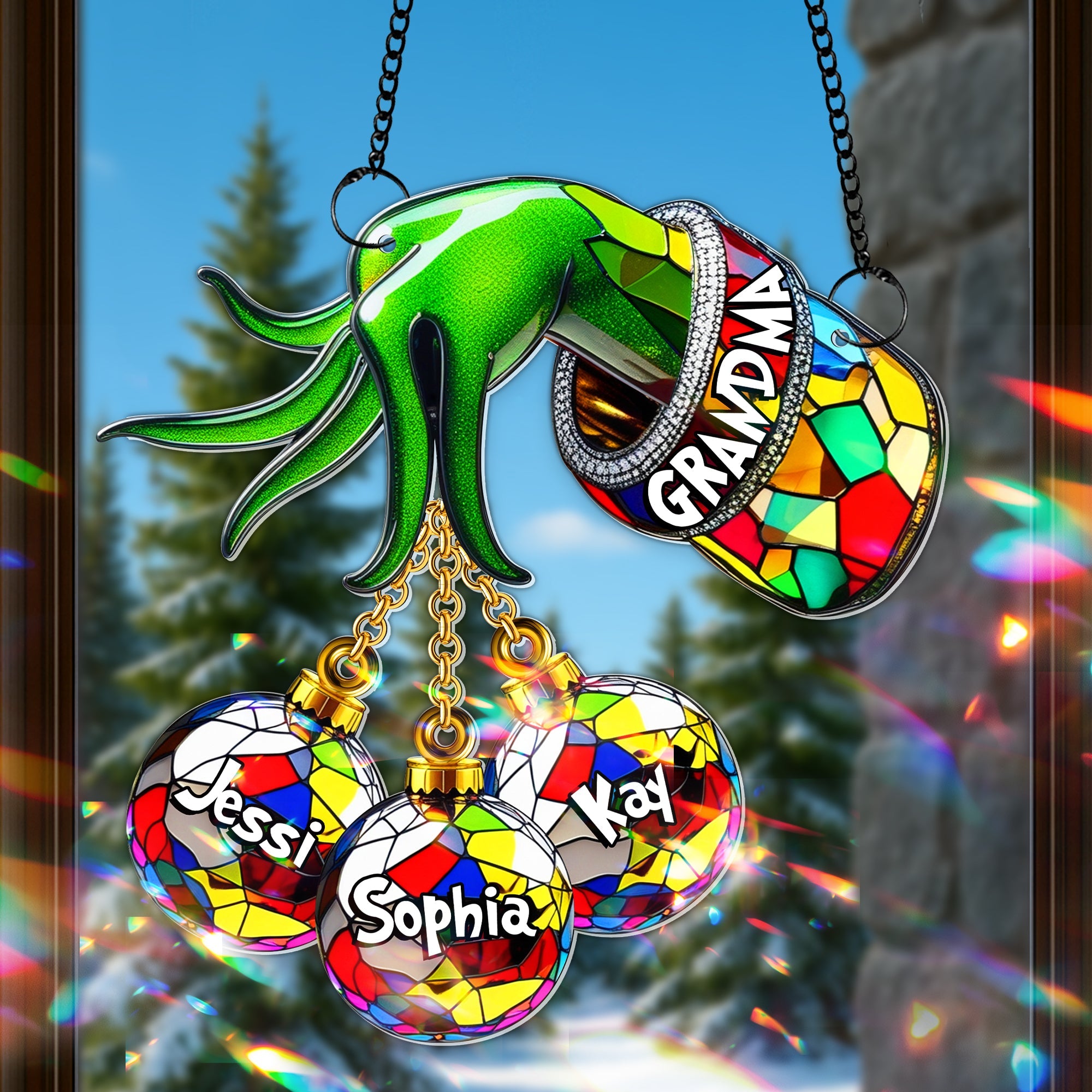 “Celebrate Love in Every Color!” - Green Christmas Bauble Suncatcher, Personalized Gift for Grandma Ornament PopCulturePrints