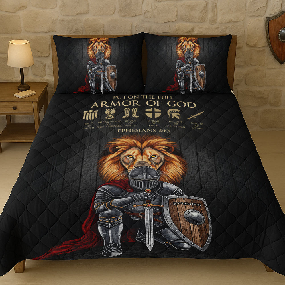 “Put on the Full Armor of God!” - Personalized Lion Warrior Quilt Bedding Set - Custom Gift for Spiritual Warriors, Faith Seekers, and Meaningful Occasions Bedding Set PopCulturePrints